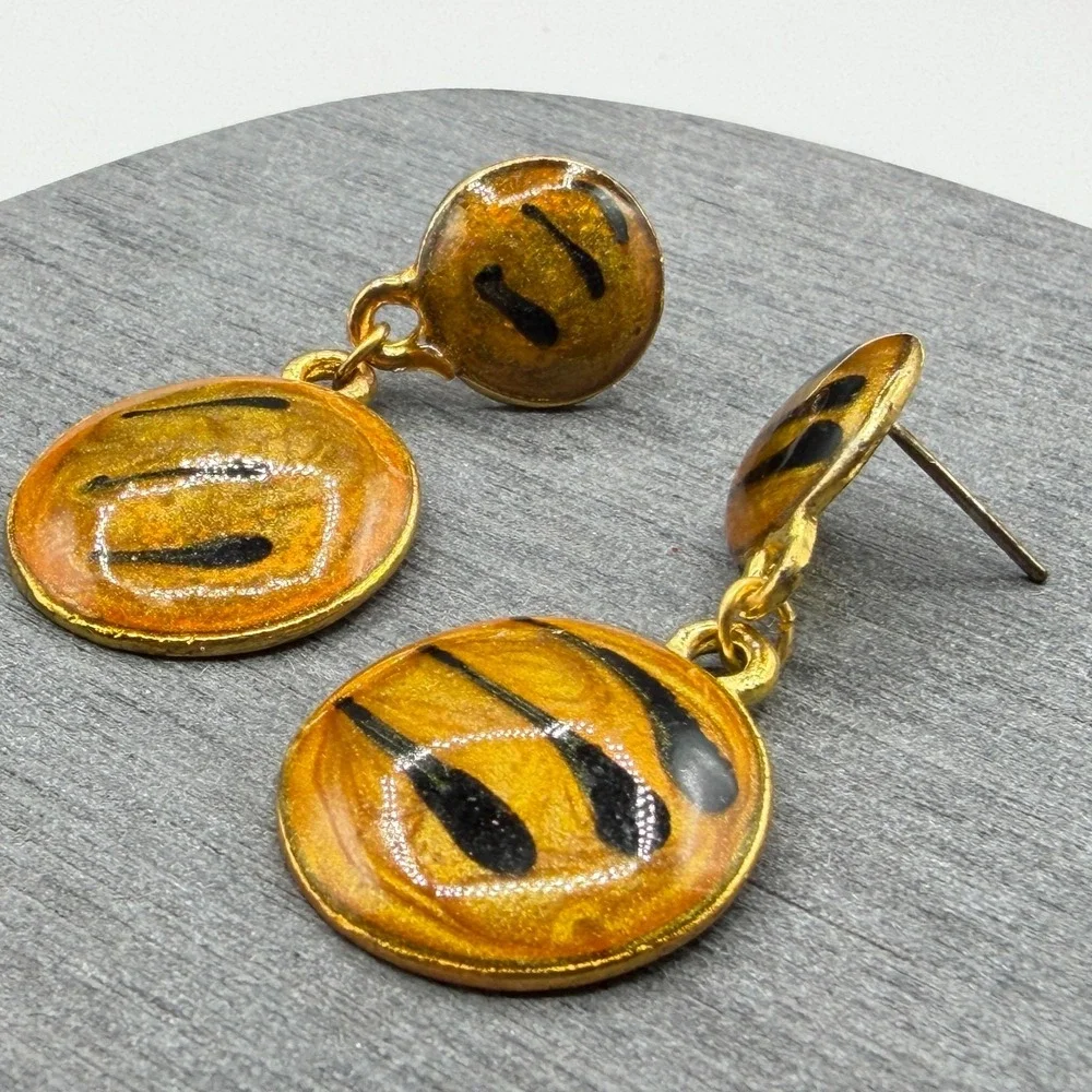 Gold & Amber Tone Enamel Abstract Dangle Drop Earrings Artisan Statement Jewelry